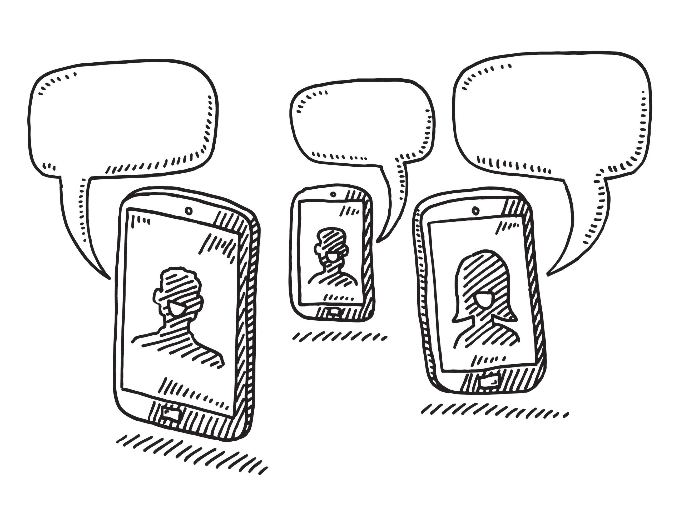 Black and white drawing on talking heads on mobile phones.